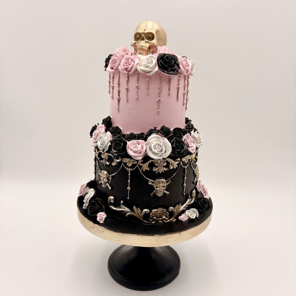 Gothic Faux Cake Decor Pink Black Gold ySkull Roses Baroque Two-Tier Halloween